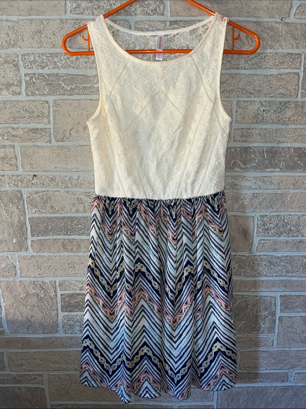 Xhilaration Cream Lace Bodice Chevron Print Mini Dress